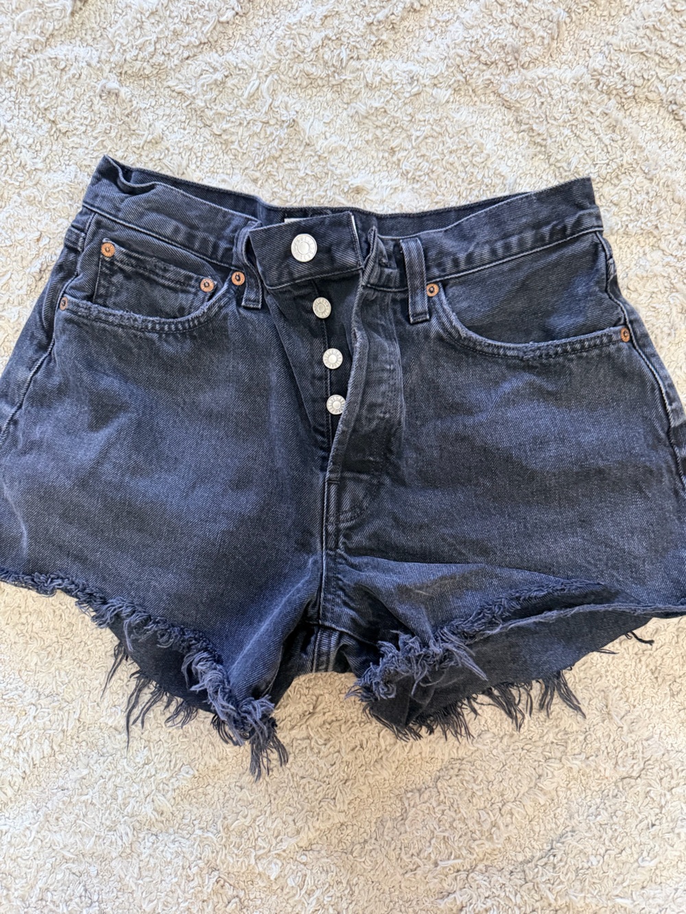 Agolde Black High-Rise Frayed Hem Denim Shorts